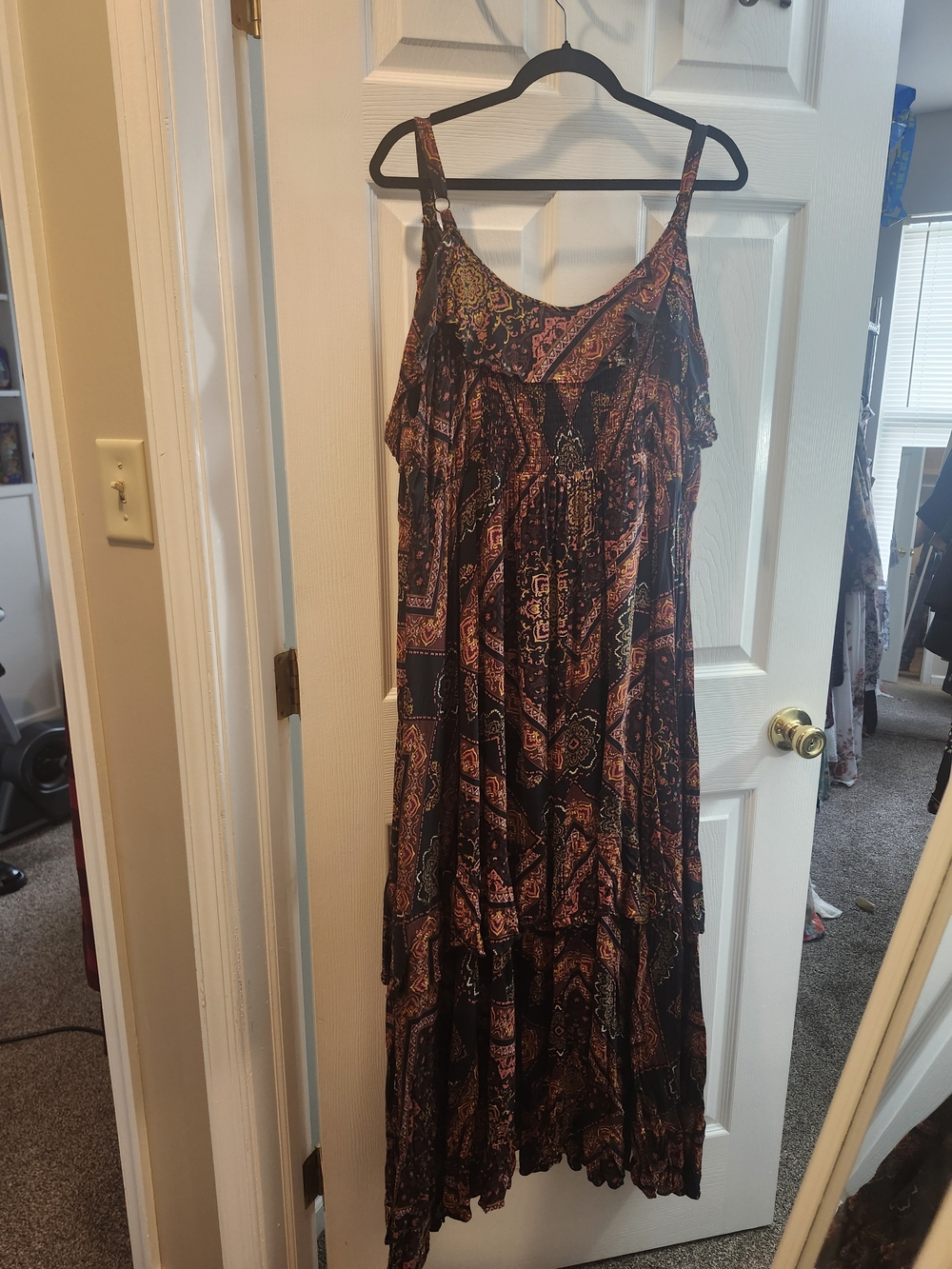 Torrid Black and Rust Paisley Ruffle Maxi Dress, Torrid 3 = 3X - Picture 2 of 4